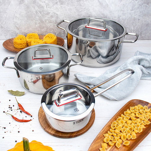 Кастрюля из нержавеющей стали Tendency 5л, д24см, h11,8см, s0,6мм, дно s2,8мм, плоская стеклянная жаропрочная крышка, пароотвод, стальной обод, капсулированное дно, прутковые ручки из нержавеющей стали на точечной сварке, полировка снаружи - зеркал - Домашняя мода фото 4