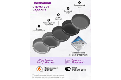 Сковорода глубокая 20 см ГАРМОНИЯ ВКУСА Серый мрамор С КРЫШКОЙ ф20, н/р, 35,5*21*10,5 см - Elan gallery фото 8