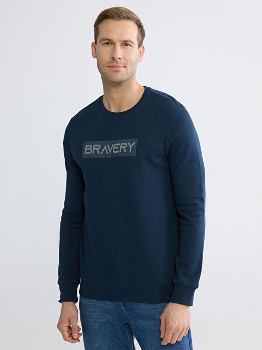 Bisiklet Yaka Bask?l? Erkek Kal?n Sweatshirt