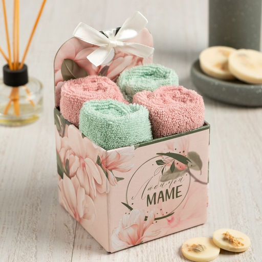 Салфетки махровые «Этель. Маме», 30×30 см, 4 шт., 100% хлопок, 340 г/м², зелёные/розовые