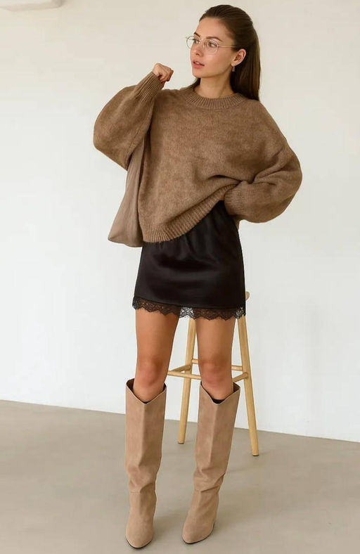 K13294 Юбка атласная с кружевом (на резинке) КОРИЧНЕВЫЙ