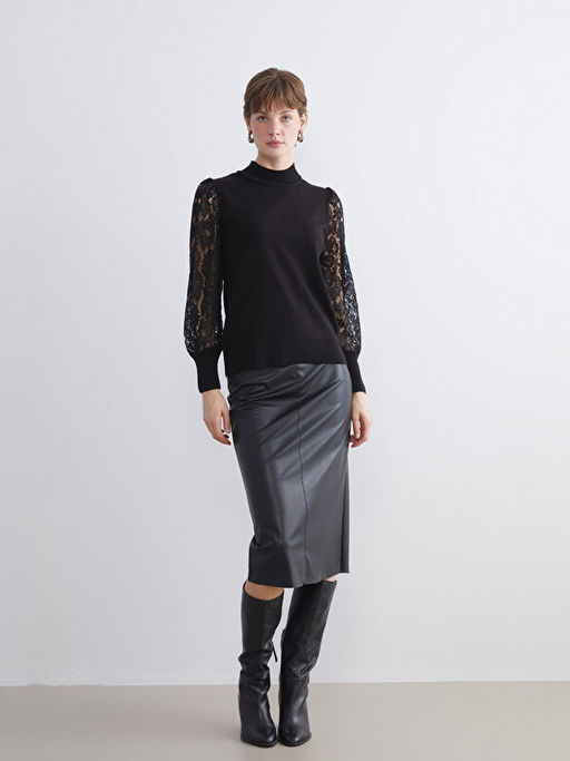 Yar?m Bal?k?? Yaka Dantel Detayl? Kad?n Triko Kazak