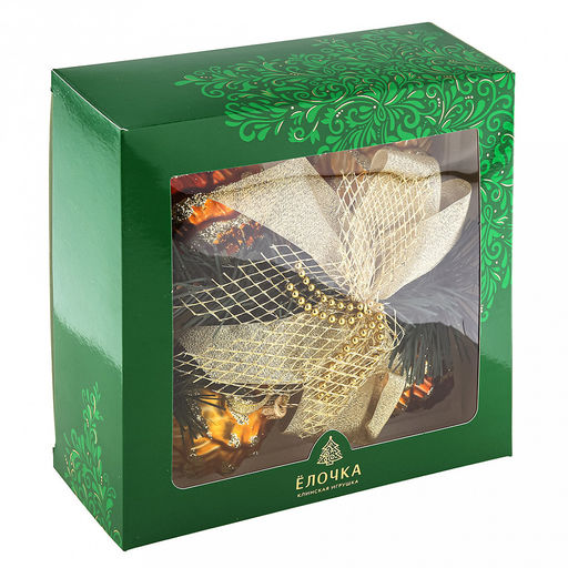 Елочная игрушка гирлянда стеклянная "Кедровая ветка", 4 шишки 9х6,5см, бант, ручная художественная роспись, подарочная упаковка (Россия)