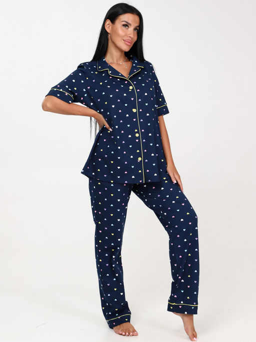 7 ПИЖАМНЫЙ ЖЕНСКИЙ КОСТЮМ (брюки) (Сердечки на тёмно-синем) - А-дина фото 4