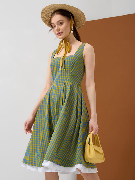 Платье хлопок OD-799-1 клетка желто-голубая OD-799-1