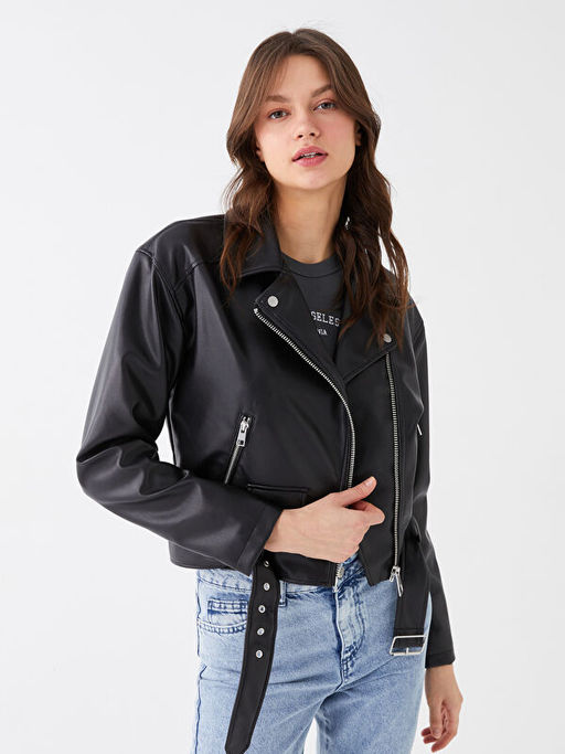 Kad?n Biker Yaka D?z Deri G?r?n?ml? Mont