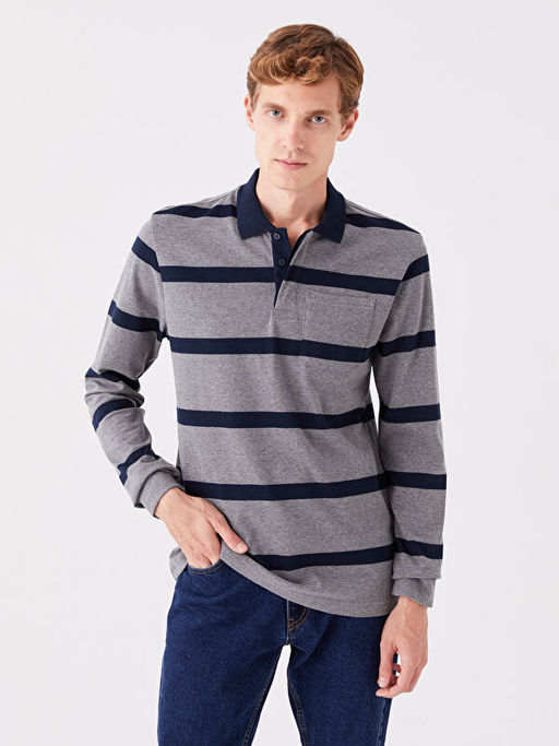 Polo Yaka Uzun Kollu ?izgili Erkek Sweatshirt