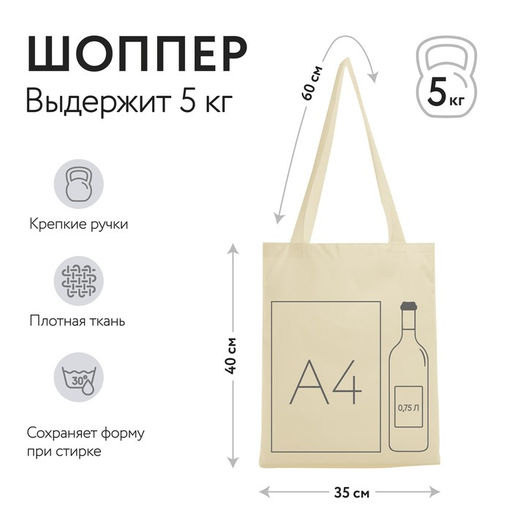 Сумка шопер, 35х0.5х40 см, текстиль, без подклада, бежевая