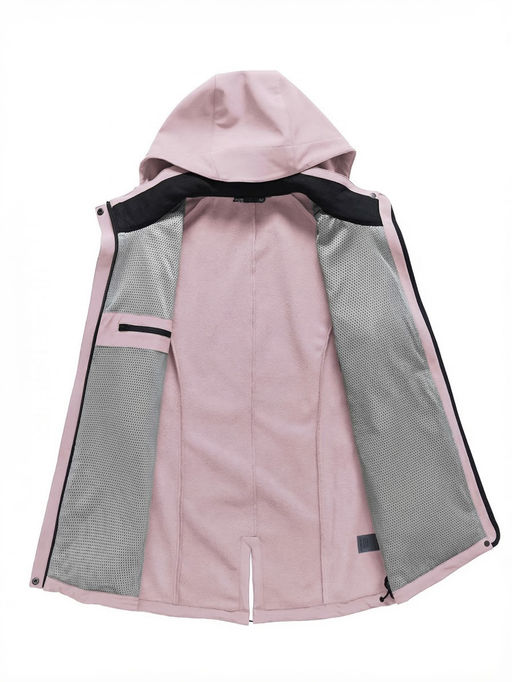 Парка женская софтшелл виндстоппер удлинённая с капюшоном розового цвета 9618_1R