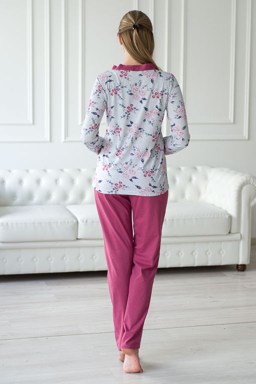 Пижама женская из жакета и брюк из кулирки Эльза цветы, брусничный - Амадэль фото 3
