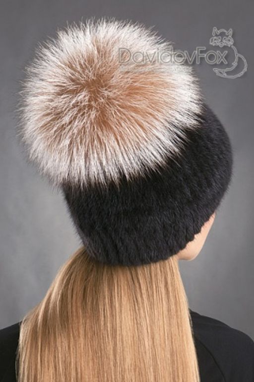 Шапка Лыжница норка блэк помпон норвежка кристалл