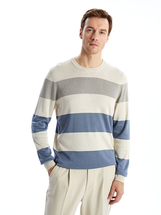 Bisiklet Yaka Uzun Kollu ?izgili Erkek Triko Kazak