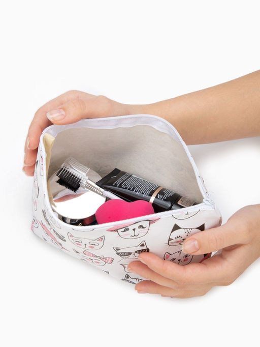 Косметичка простая на молнии, средний размер, с рисунком, белая/розовая