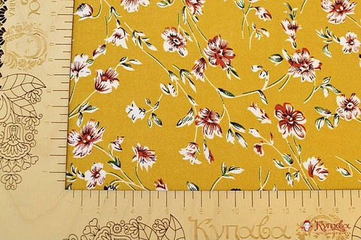 Штапель Полонез (терракотовые цветы на горчичном), СОРТ2, ш.1.42м, вискоза-100%, 90гр/м.кв - Купава фото 6
