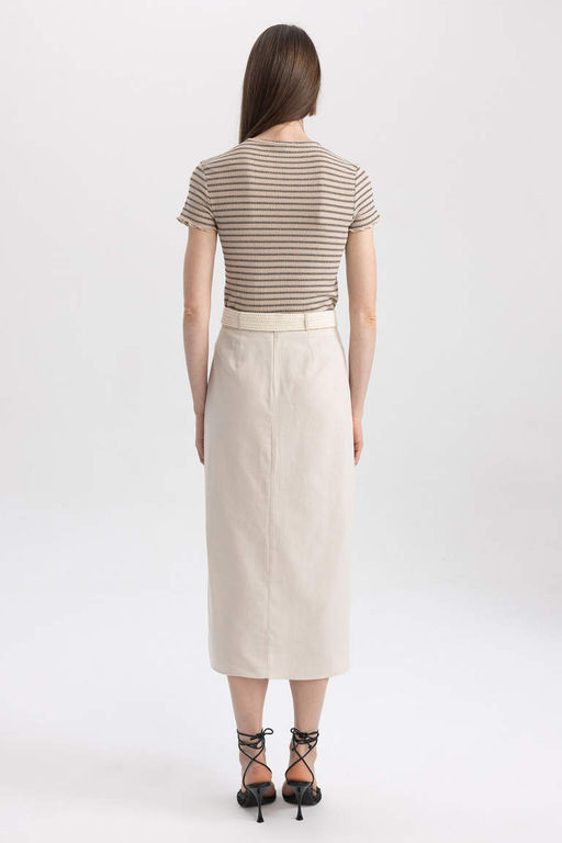 Юбка-миди прямого кроя с нормальной талией и разрезом из смесового льна - Defacto фото 7