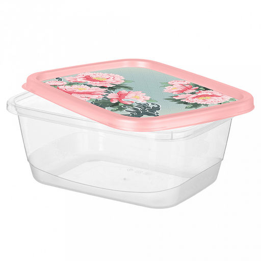 Контейнер для продуктов пластмассовый 1,5л, 19,7х15,1х8см, прямоугольный, с декором "Сад пионов", розовый (Россия)