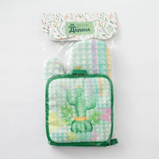 Кухонный набор Доляна «Кактус»: прихватка 17×17 см, варежка 26×16 см, цвет зелёный, 100% п/э
