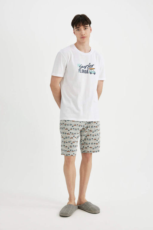 Regular Fit Bask?l? K?sa Kollu Sortlu Pijama Tak?m? - Defacto фото 3