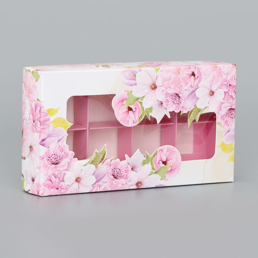 Цена за 5 шт. Коробка складная для 8 конфет «Цветочки», 9.8×17.7×3.5 см. Кондитерская упаковка