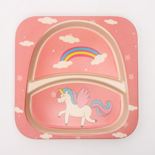 Набор бамбуковой посуды Единорог, тарелка, миска, стакан, приборы, 5 предметов - Крошка я фото 3