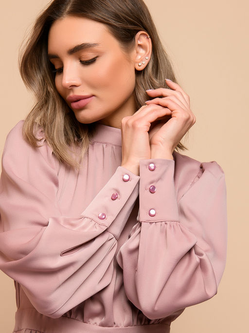 Платье длины миди розовое с драпировкой и длинными рукавами - 1001dress фото 4