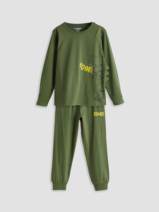 Bisiklet Yaka Dinozor Bask?l? Erkek ?ocuk Pijama Tak?m?