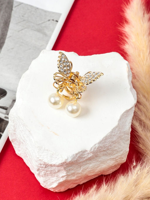 Цена за 6 шт. Крабик для волос «Милада», белые бусинки, 2.5 см, золотистый