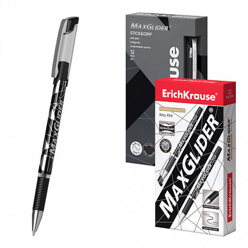АКЦИЯ Цена за 12 шт. Ручка шариковая ErichKrause MaxGlider® Stick&Grip 0.7, Ultra Glide Technology, цвет чернил черный (в коробке по 12 шт.)