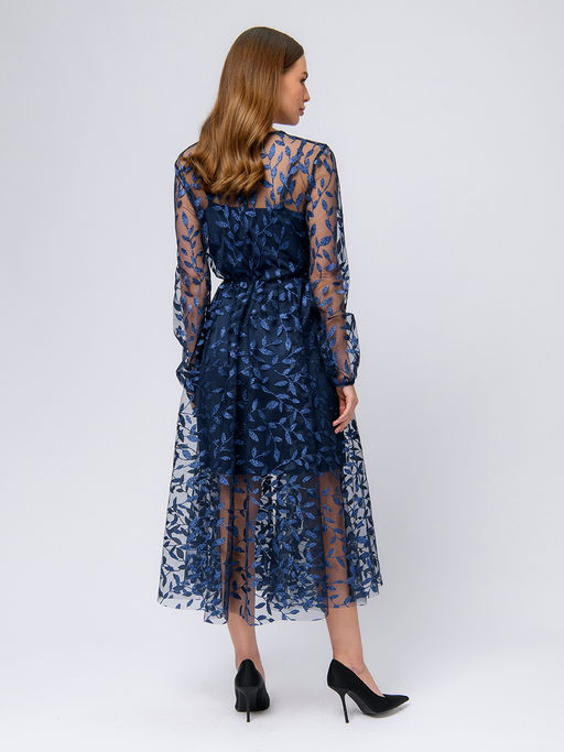 УЦЕНКА. Платье синего цвета длины миди с отделкой из фатина