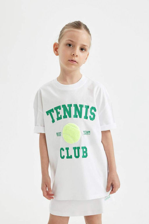 Футболка оверсайз с принтом и короткими рукавами для девочек - Defacto фото 3