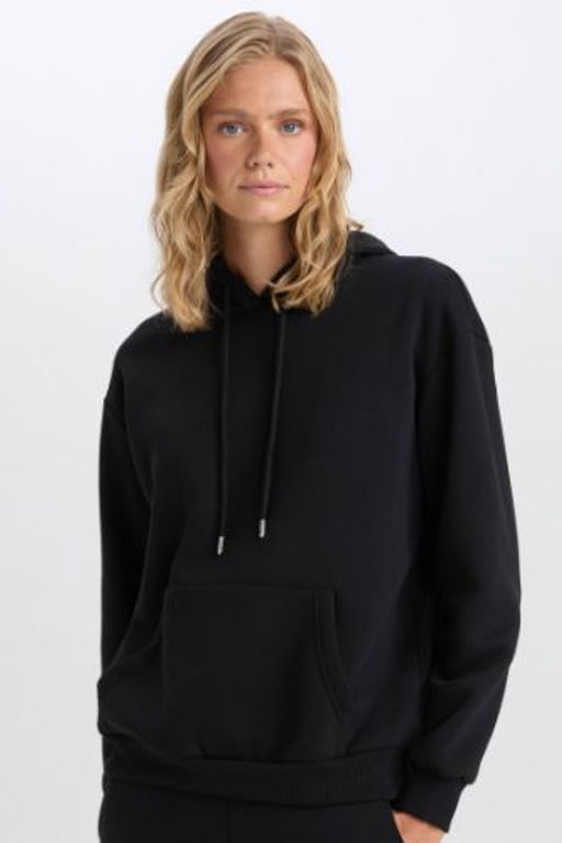 Relax Fit Kapusonlu Kanguru Cepli Kal?n Basic Duz Siyah Sweatshirt