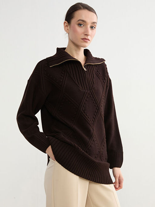 Polo Yaka Baklava Desenli Kad?n Triko Tunik