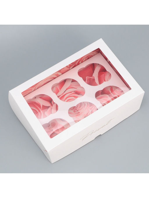 Цена за 5 шт. Коробка для капкейков, кондитерская упаковка двухсторонняя, 6 ячеек «Розы», 25 х 17 х 10 см
