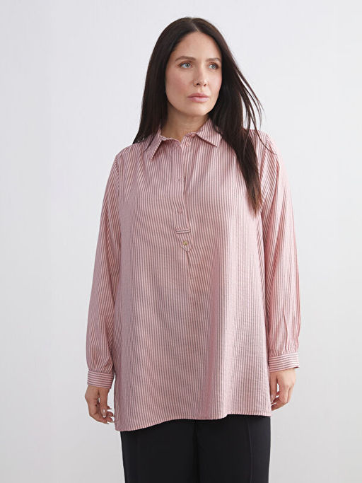 G?mlek Yaka ?izgili Oversize Kad?n Tunik