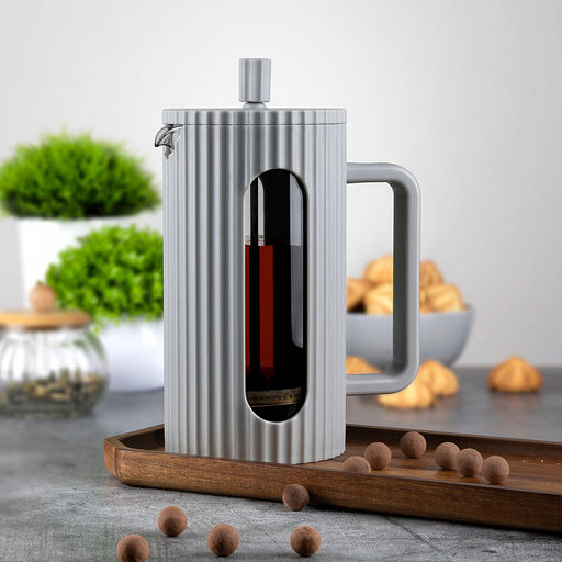 Френч-пресс пластмассовый корпус "Лилиан" 600мл, колба из жаропрочного боросиликатного стекла s2мм, пресс-фильтр из нержавеющей стали s0,3мм, ребристая поверхность, серый, цветная коробка, "TalleR" (Китай)