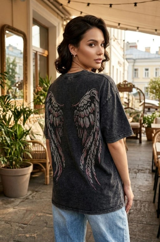 K13824 Футболка OVER SIZE со стразами (хлопок) ЧЕРНЫЙ