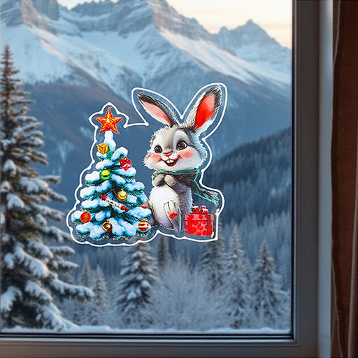 Силиконовая новогодняя наклейка "Зайчик у ёлки" 25*25см