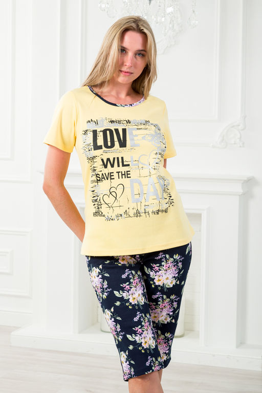 Пижама женская домашний из футболки и бридж Букетик желтый темно-синий с принтом LOVE - Амадэль фото 4