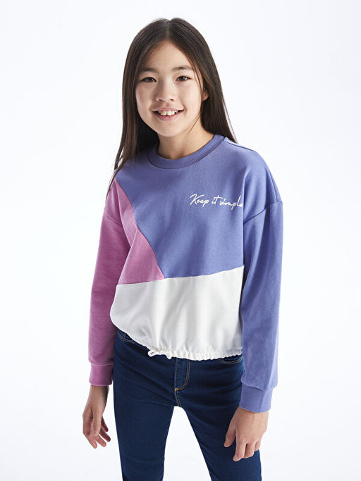 Bisiklet Yaka Renk Bloklu Uzun Kollu K?z ?ocuk Sweatshirt