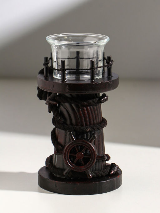 Подсвечник на 1 свечу «Маяк и штурвал», дерево, стекло, 8.5×8.5×15.5 см