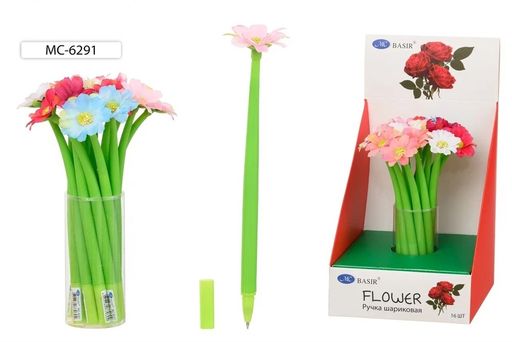 Ручка шар. "Полевые цветы" (MC-6291) синяя, 0,5мм, корпус зеленый, наконечник с цветком