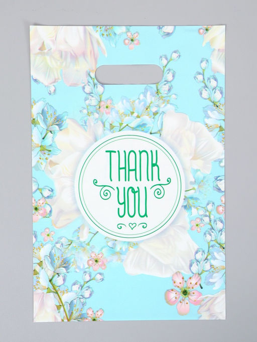 Цена за 50 шт. Пакет полиэтиленовый с вырубной ручкой "Цветы" в голубом 20 х 30 см 60 мкм