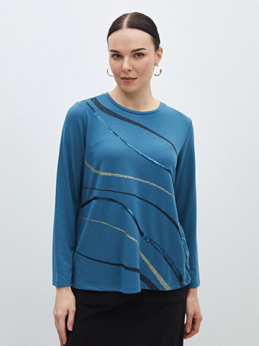 Bisiklet Yaka Desenli Uzun Kollu Kad?n Bluz