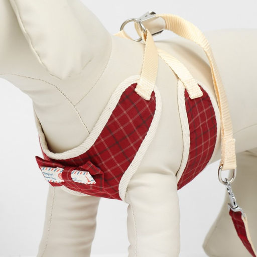 Комплект с мягкой шлейкой Клетки, размер S, поводок, 120 х 1,5 см, ОГ 28-62 см, красный - Пижон фото 5