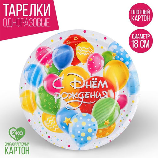 Цена за 10 шт. Тарелка бумажная С днём рождения, шары, 18 см