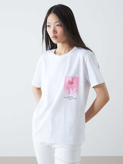 Bisiklet Yaka Bask?l? Penye Kad?n Ti??rt