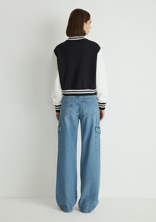 M Logo Patchli Siyah Bomber Ceket - Mavi фото 4