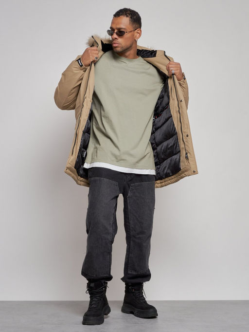 Парка мужская зимняя удлиненная с мехом бежевого цвета 8318B - Wonderrman фото 13