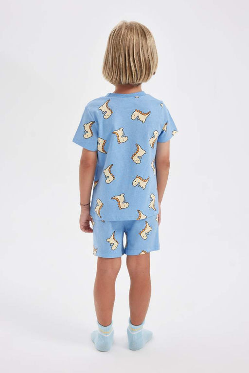 Пижамный комплект из чесаного хлопка с короткими рукавами и шортами для мальчика с принтом динозавров - Defacto фото 5