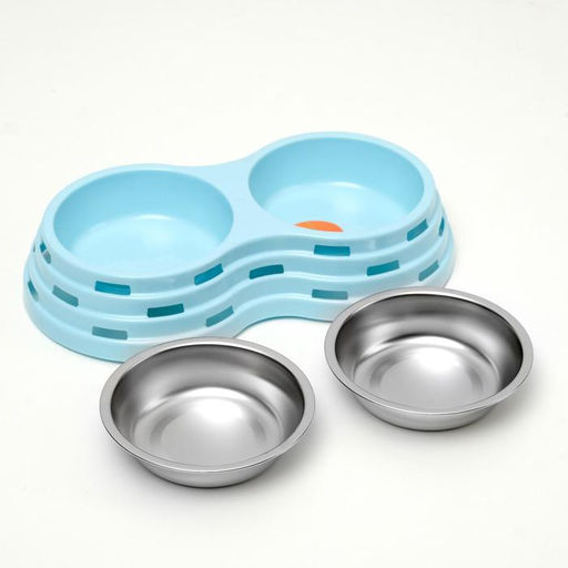 Миска металлическая двойная на пластиковом основании 2 х 160 мл, 25 х 14 х 5 см, голубая - Пижон фото 3
